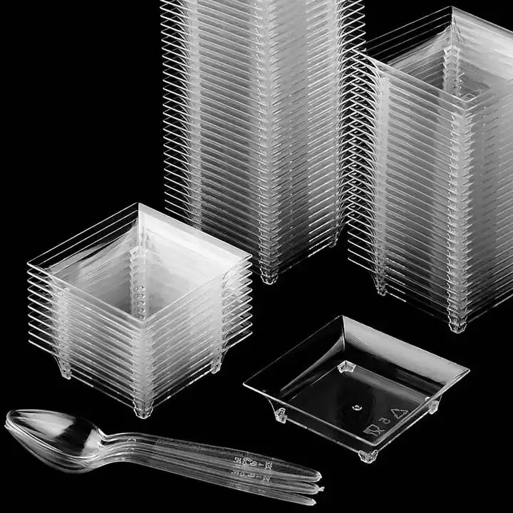 أطباق الحلوى الصغيرة 1 أونصة مع ملعقات تذوق 1 oz Small Dessert Plates with Tasting Spoons Square