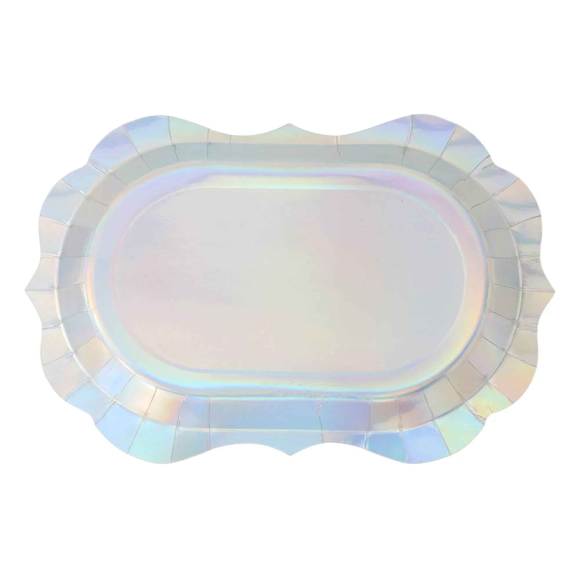24 Holographic Silver Disposable Party Serving Trays with Scalloped Foil Edge (13 x 9 in)