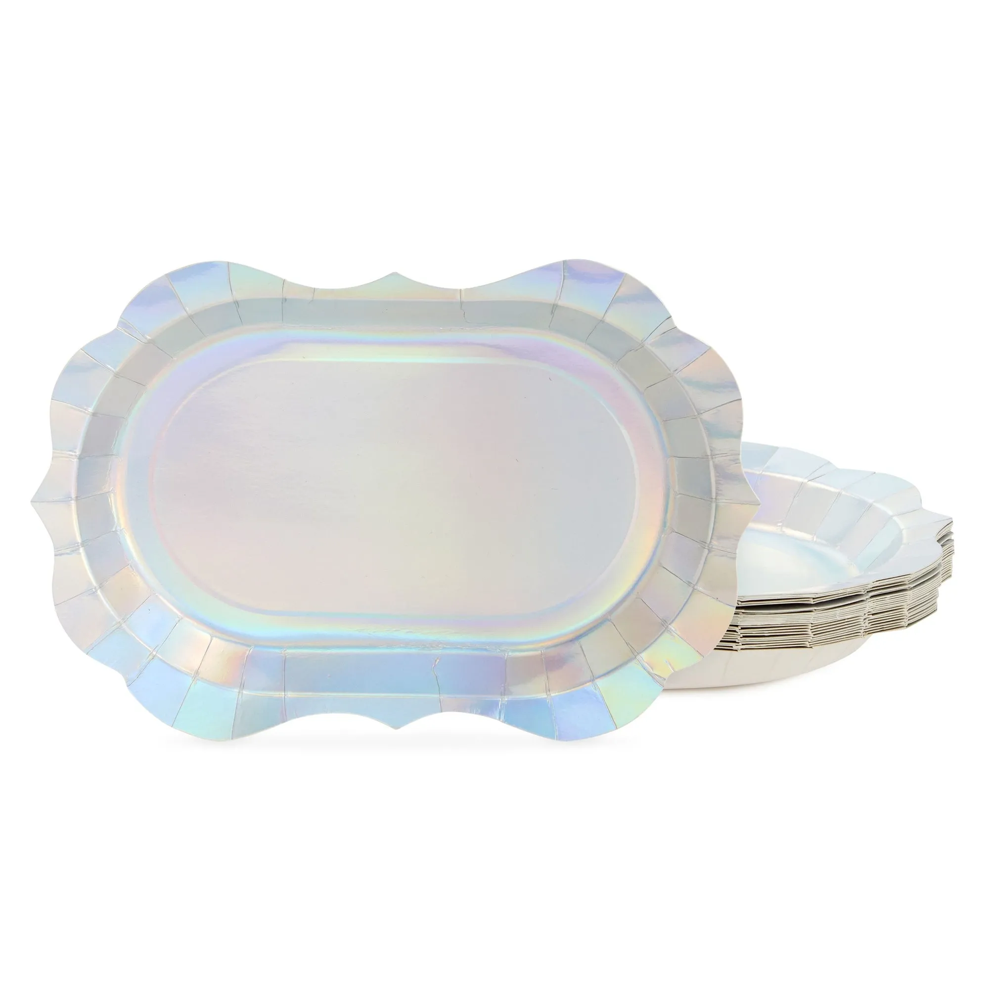 24 Holographic Silver Disposable Party Serving Trays with Scalloped Foil Edge (13 x 9 in)