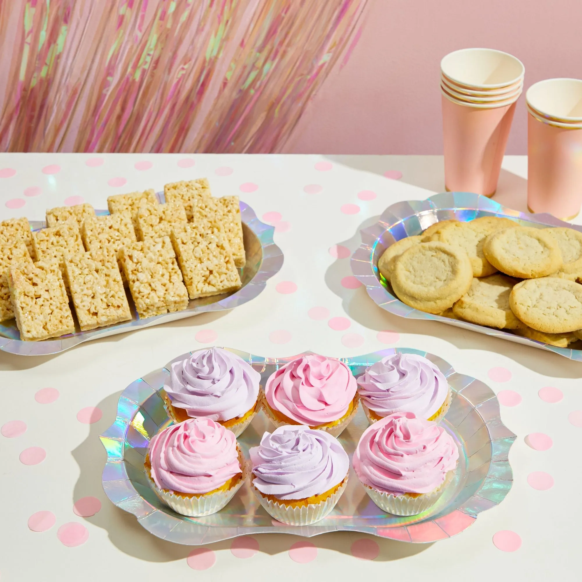 24 Holographic Silver Disposable Party Serving Trays with Scalloped Foil Edge (13 x 9 in)