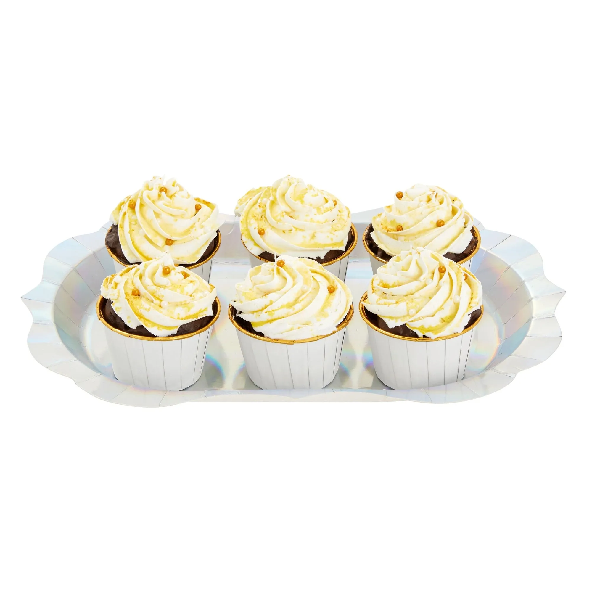 24 Holographic Silver Disposable Party Serving Trays with Scalloped Foil Edge (13 x 9 in)