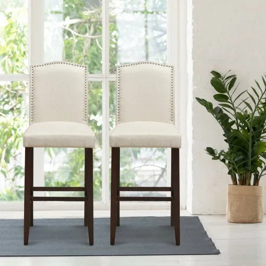 29" Bar Height Set of 2 Nailhead Bar Stools with Rubber Wood Legs-Beige