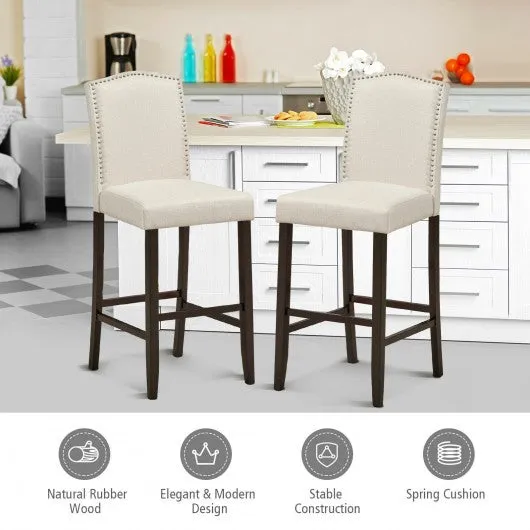 29" Bar Height Set of 2 Nailhead Bar Stools with Rubber Wood Legs-Beige
