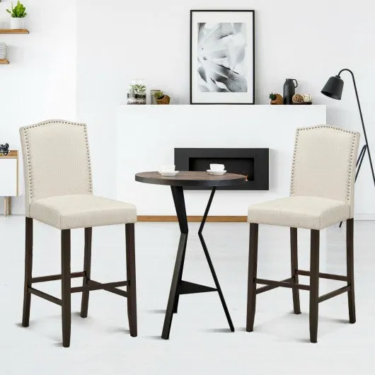 29" Bar Height Set of 2 Nailhead Bar Stools with Rubber Wood Legs-Beige