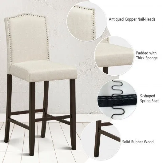 29" Bar Height Set of 2 Nailhead Bar Stools with Rubber Wood Legs-Beige