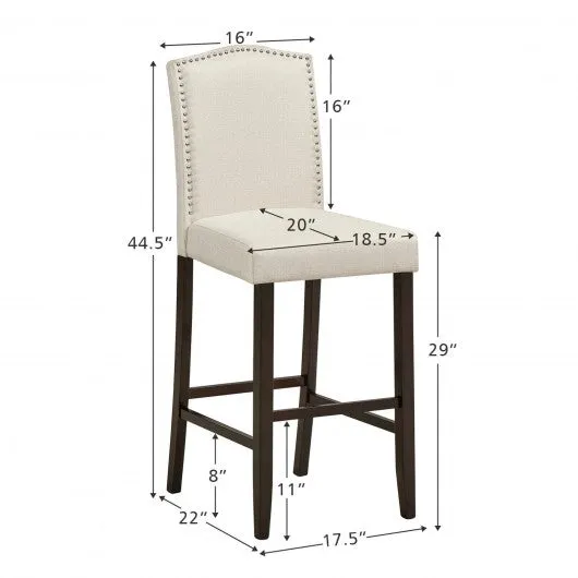 29" Bar Height Set of 2 Nailhead Bar Stools with Rubber Wood Legs-Beige