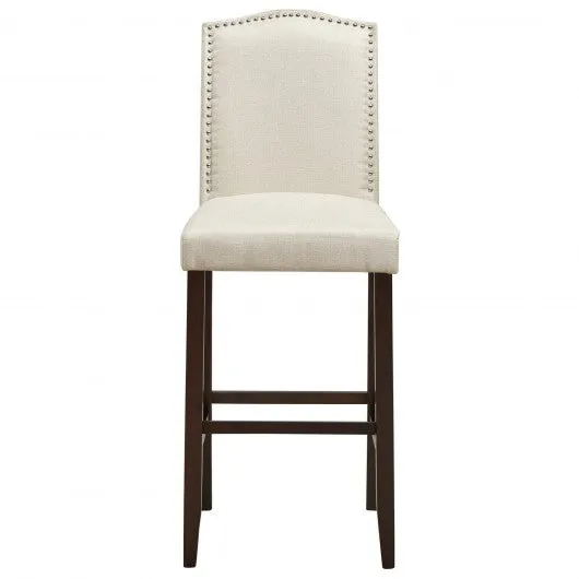 29" Bar Height Set of 2 Nailhead Bar Stools with Rubber Wood Legs-Beige