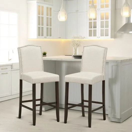 29" Bar Height Set of 2 Nailhead Bar Stools with Rubber Wood Legs-Beige