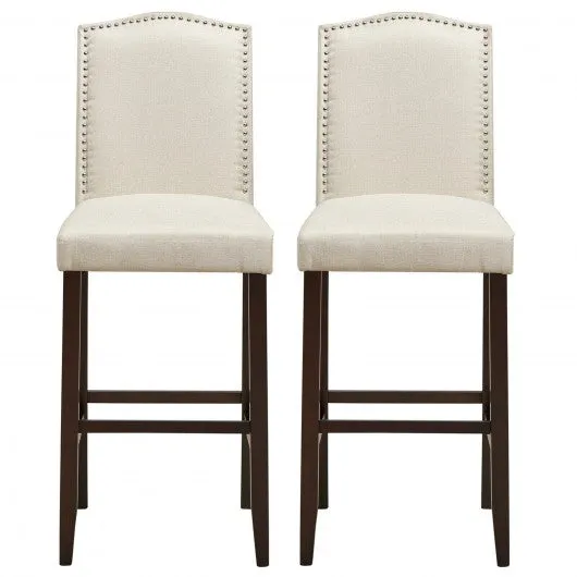 29" Bar Height Set of 2 Nailhead Bar Stools with Rubber Wood Legs-Beige
