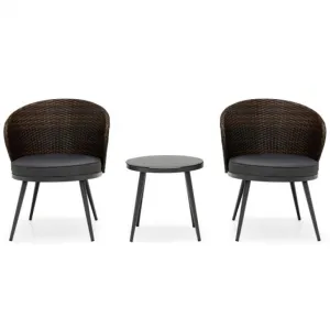 3 Pieces Patio Rattan Bistro Set with 2 Seat Cushions and Tempered Glass Tabletop-Brown