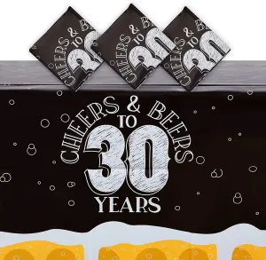 30 Years Plastic Tablecloth for Birthday, Cheers and Beers (54 x 108 in, 3 Pack)