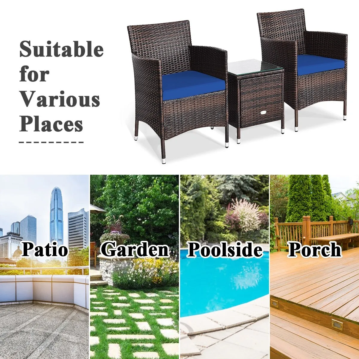 3pc Patio Wicker Rattan Outdoor Furniture Set - Navy