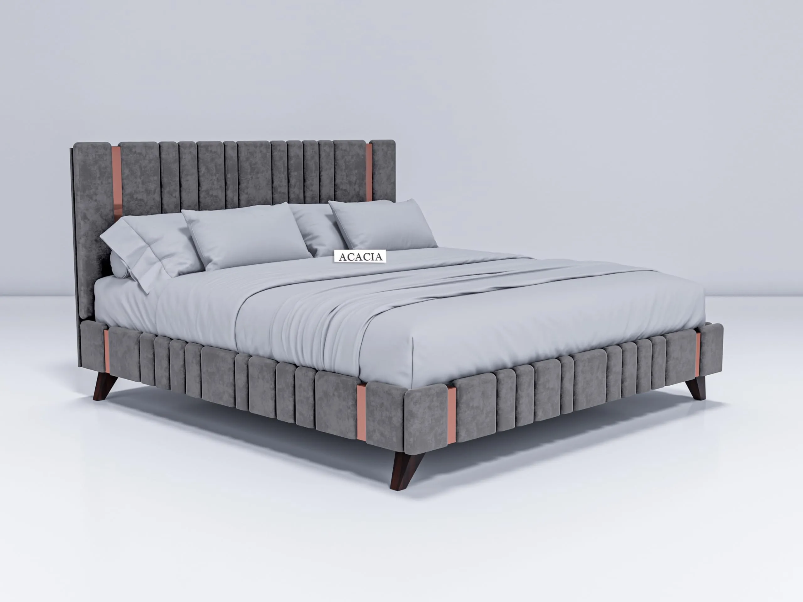 Acacia Modern Upholstered King Size Bed for Bedroom | Wooden Double Bed | Platform Cot Bed with Upholstery Premium Fabric | 6.5 x 6 Ft | Sheesham Solid Wood (Brown, Light Grey, Copper Line)