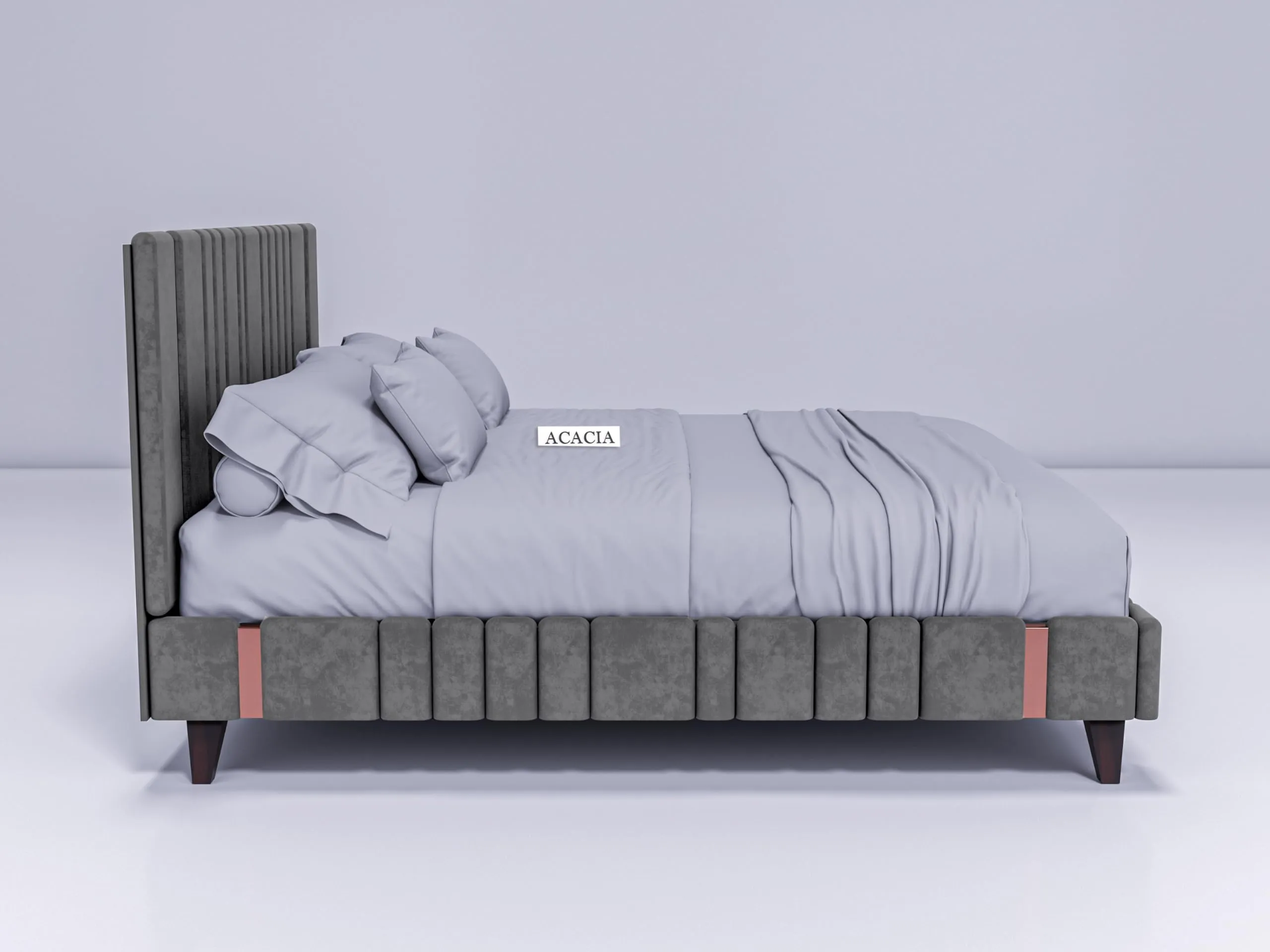 Acacia Modern Upholstered King Size Bed for Bedroom | Wooden Double Bed | Platform Cot Bed with Upholstery Premium Fabric | 6.5 x 6 Ft | Sheesham Solid Wood (Brown, Light Grey, Copper Line)