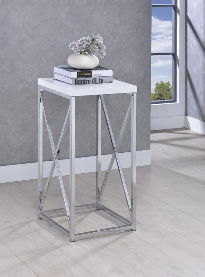 Accent Table with X-cross Glossy White and Chrome