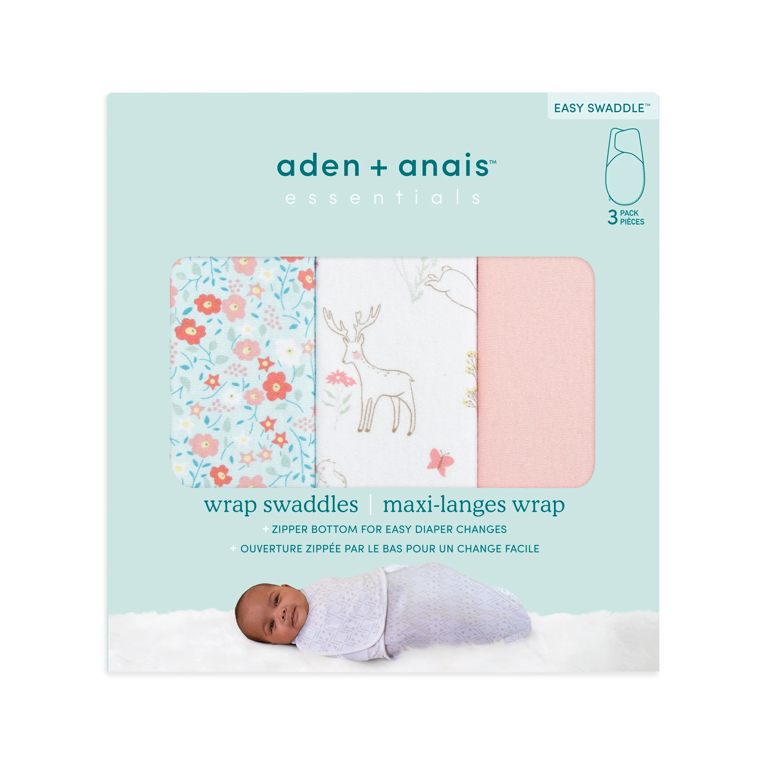 aden   anais Cotton Wrap Swaddles 3 pack Fairy Tale Flowers Pink (0-3 Months)