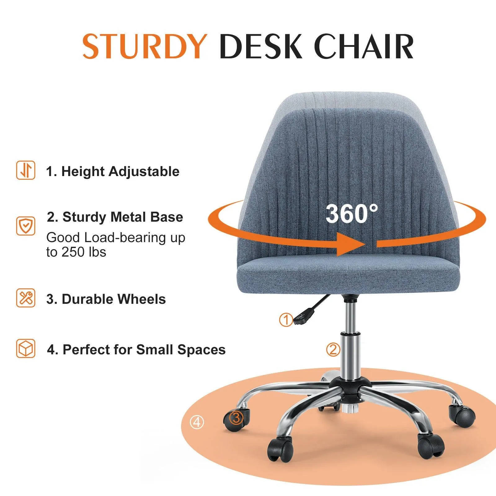 Armless Office Desk Chair, Adjustable Swivel Chair with Wheels for Small Spaces