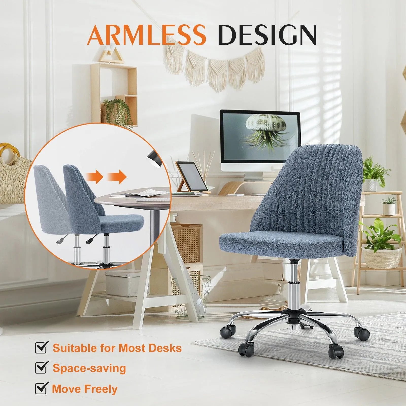 Armless Office Desk Chair, Adjustable Swivel Chair with Wheels for Small Spaces
