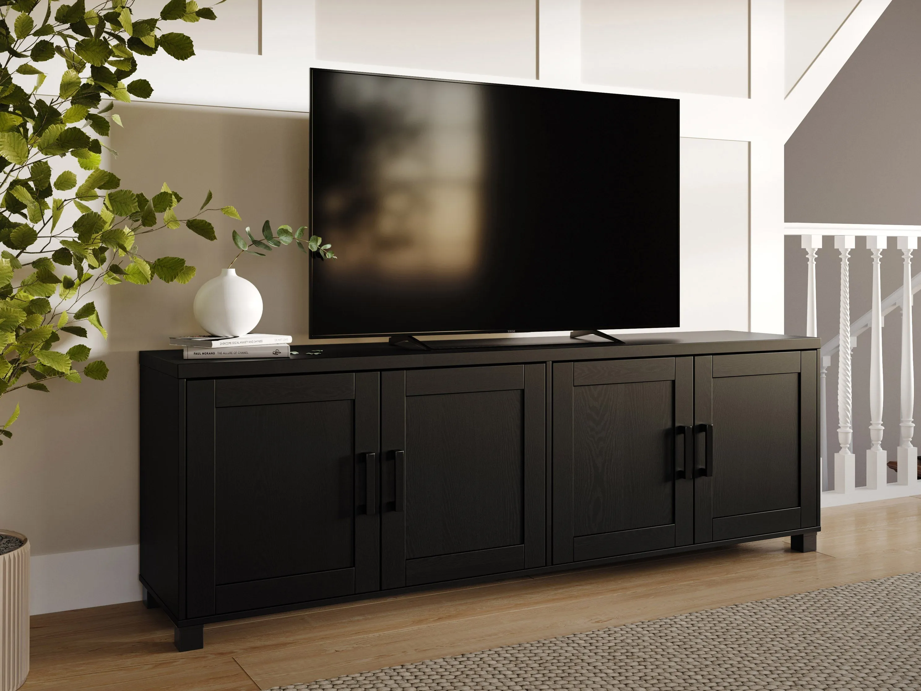 Black TV Stand with Doors, TVs up to 85"
