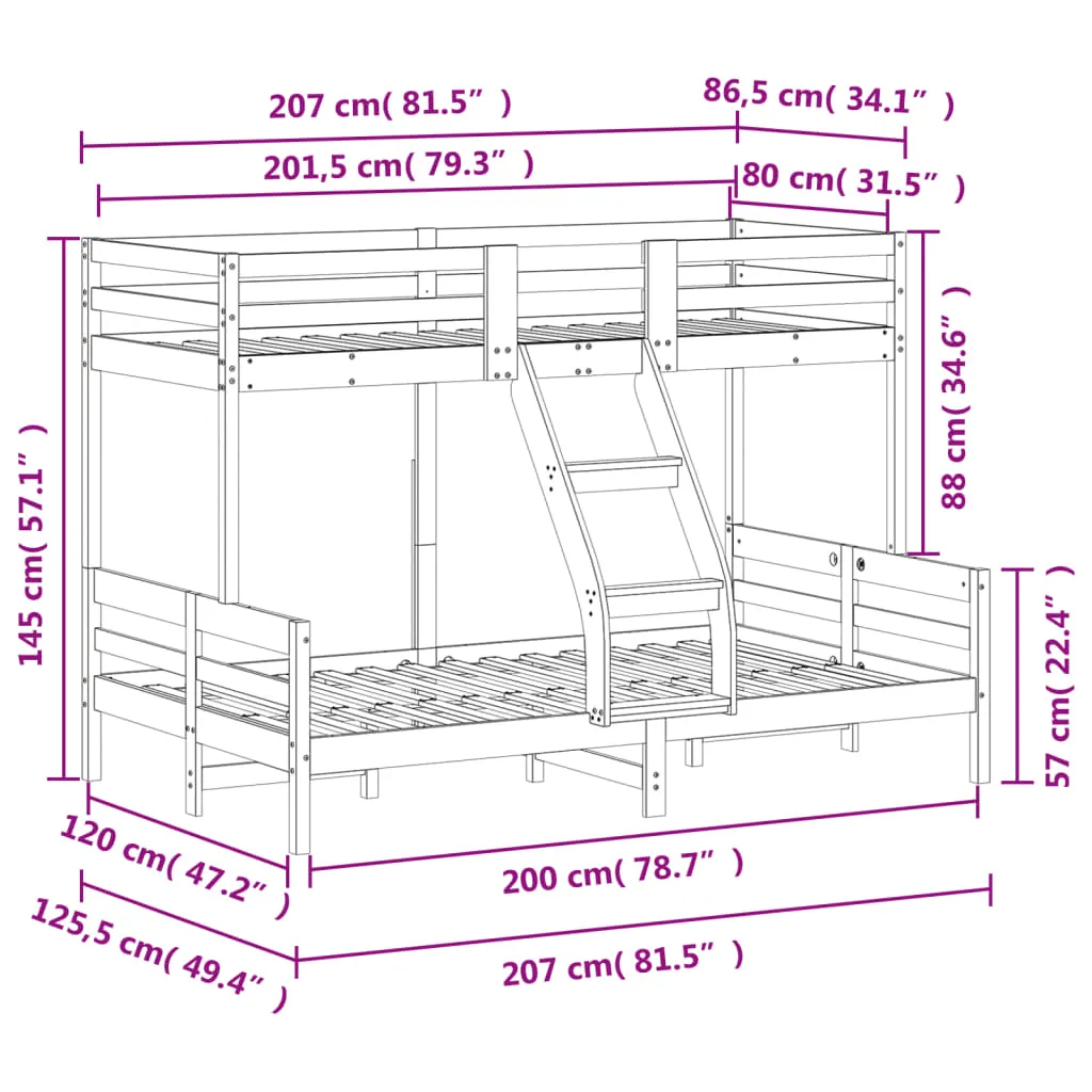 Bunk Bed 80x200/120x200 cm Solid Wood Pine