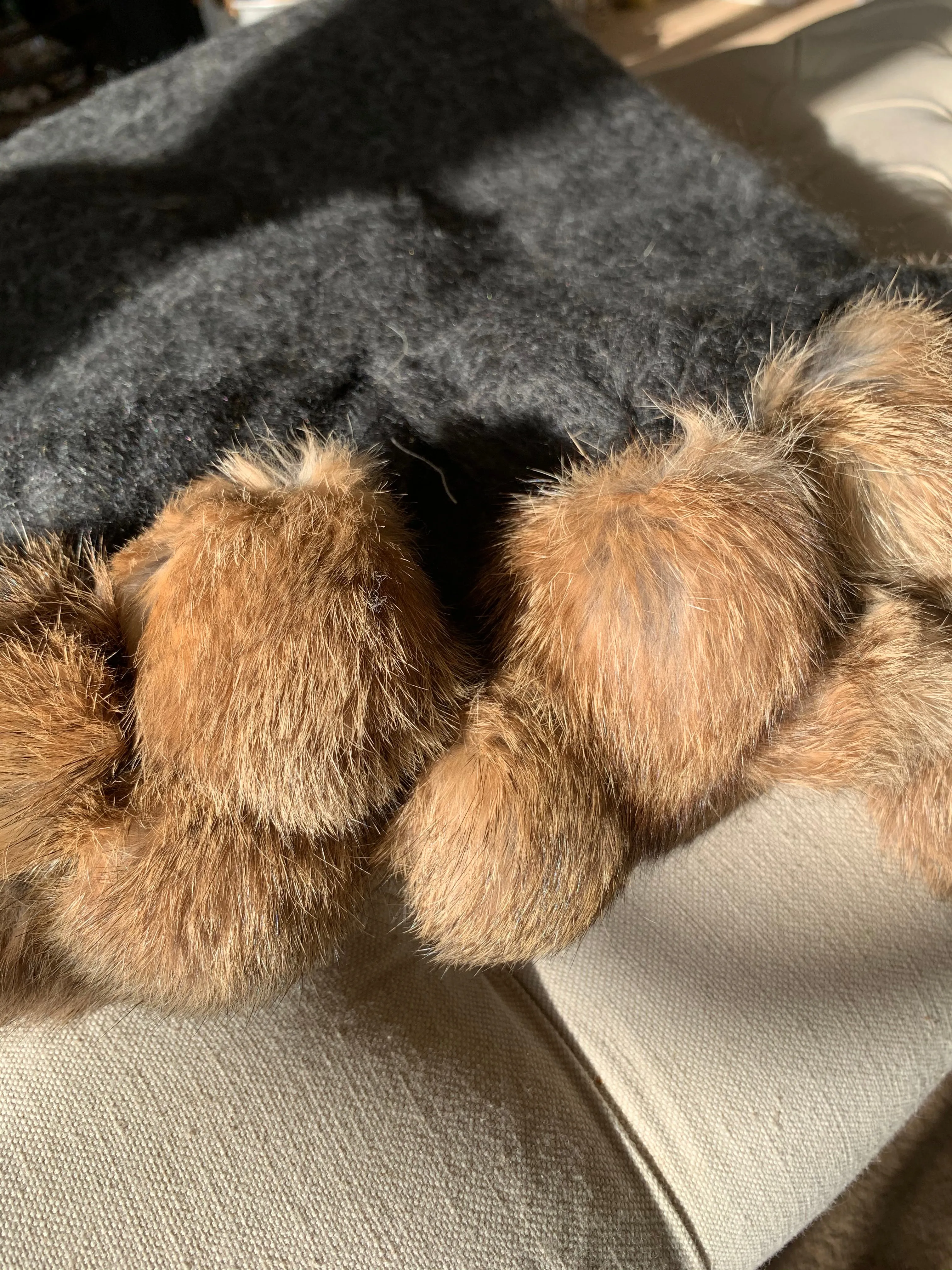 Charcoal Throw with Fur Pompoms