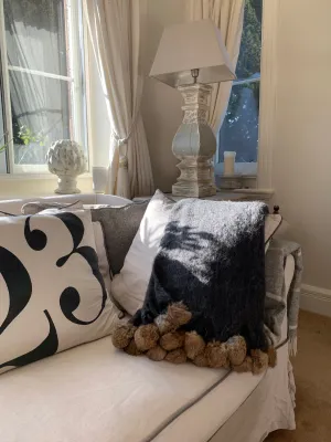 Charcoal Throw with Fur Pompoms