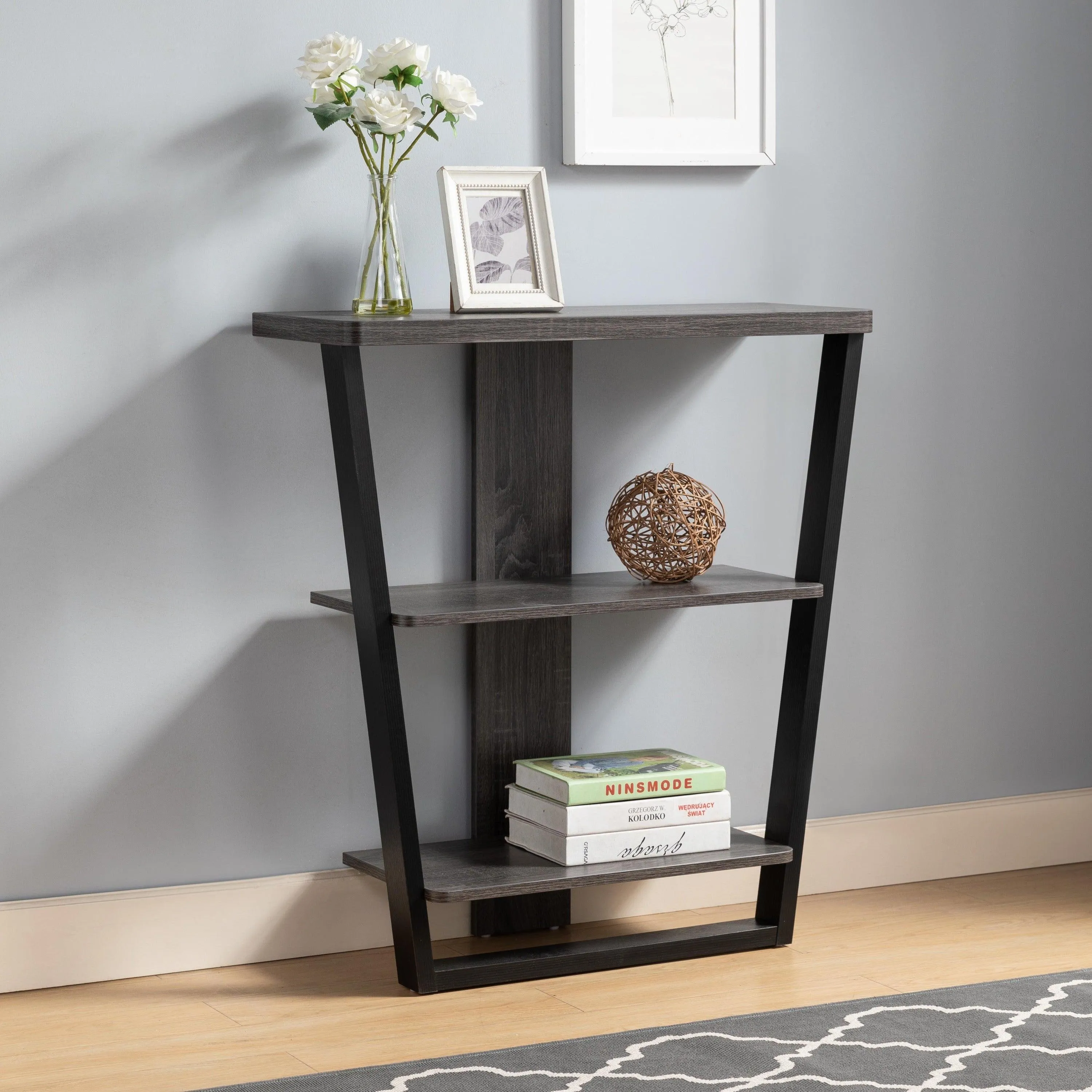 Contemporary Console Table with Three Open Shelves - Black & Grey