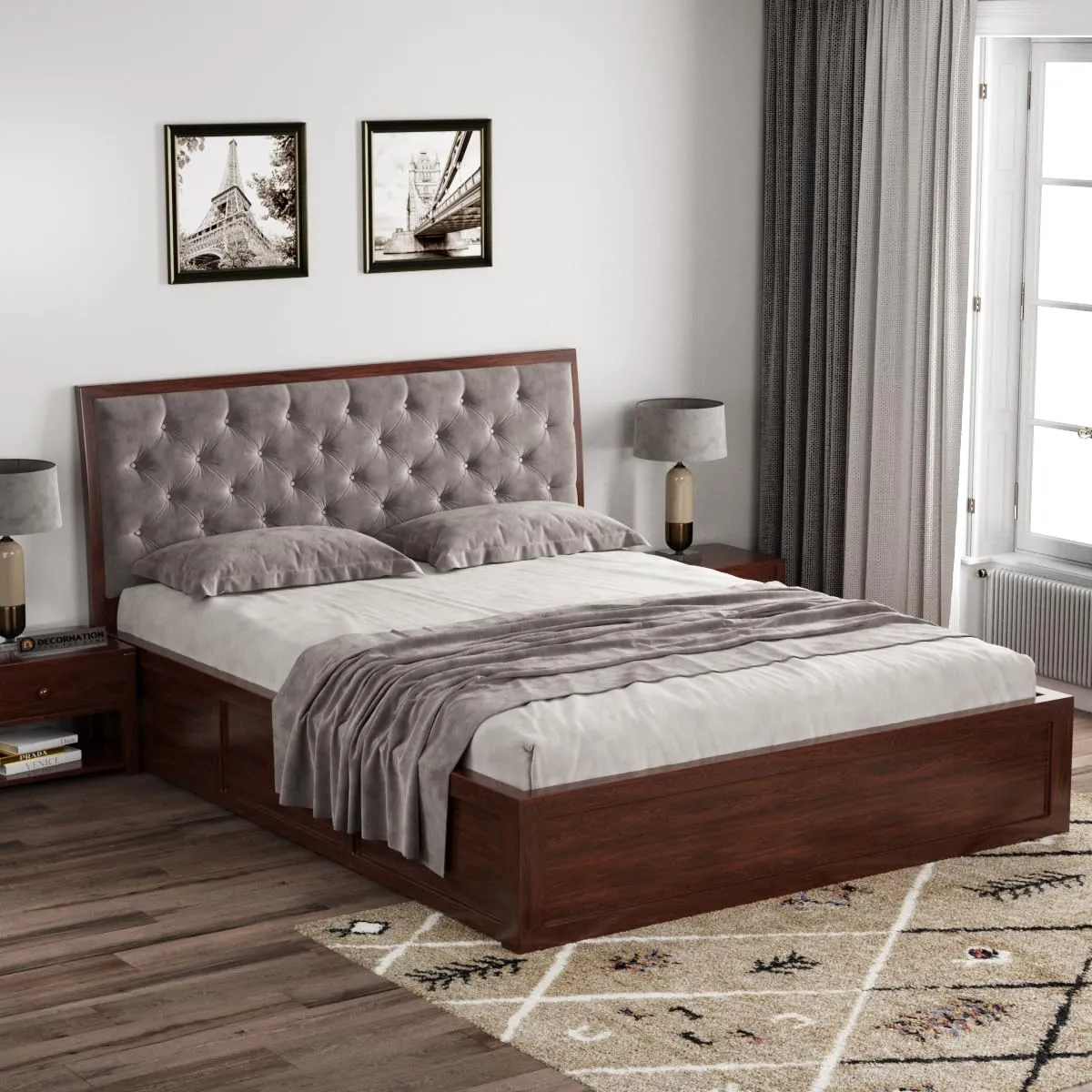 DecorNation Archer Upholstered Double/King Size Bed for Bedroom Home Furniture (Wood, Fitting Mattress Size - 72x78 Inches)