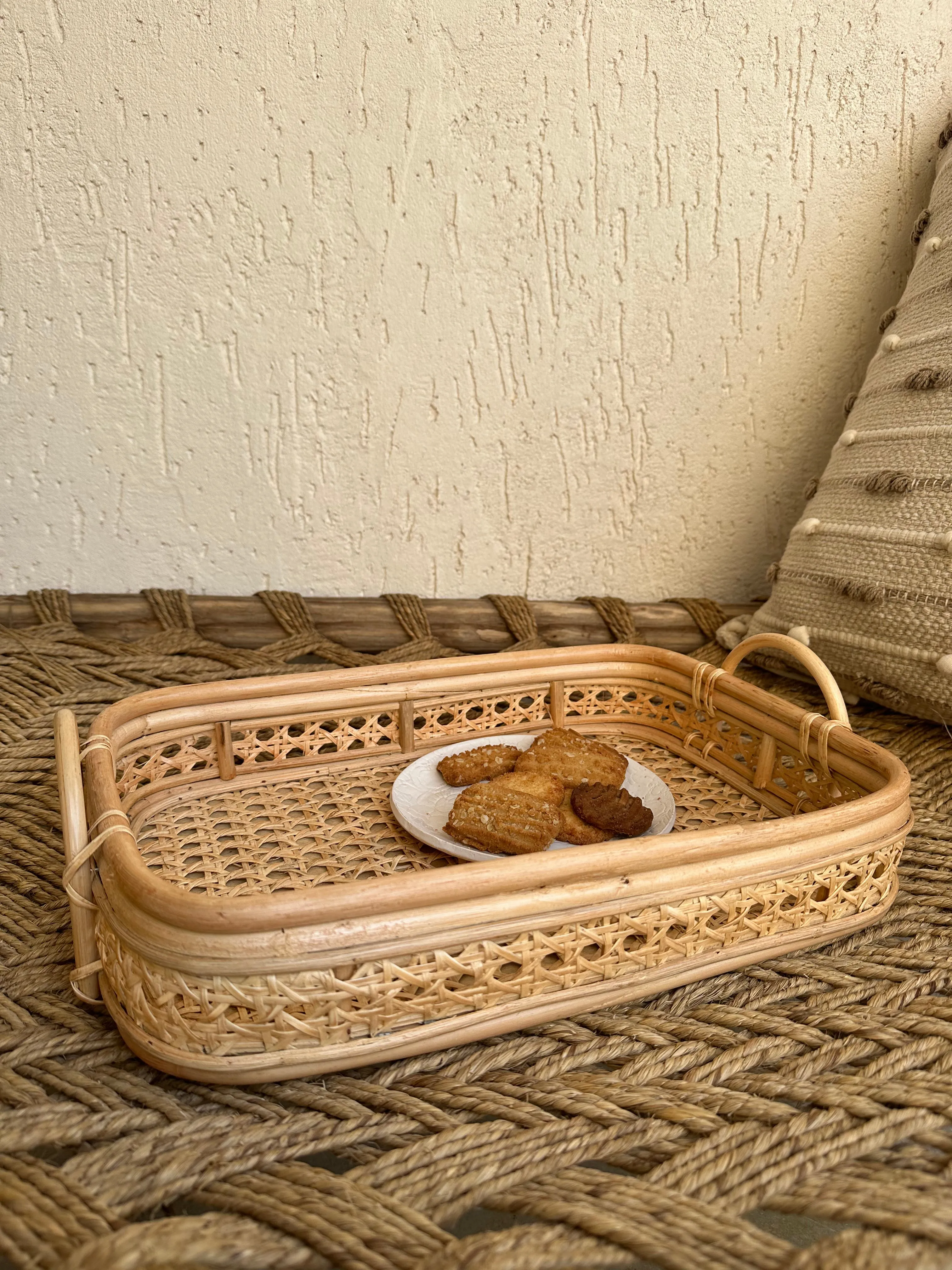Designer Rattan Cut Work Tray With Handle