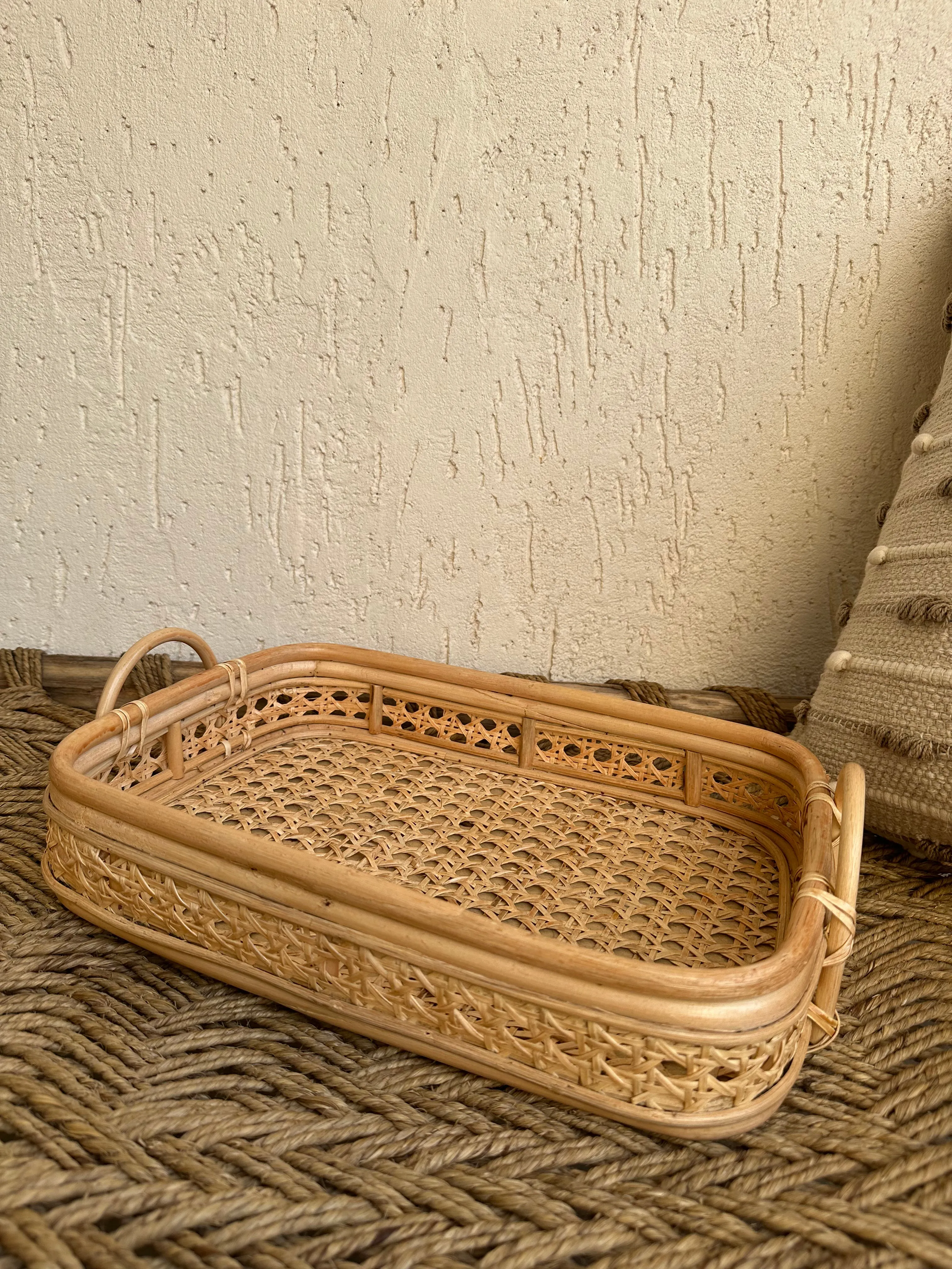 Designer Rattan Cut Work Tray With Handle