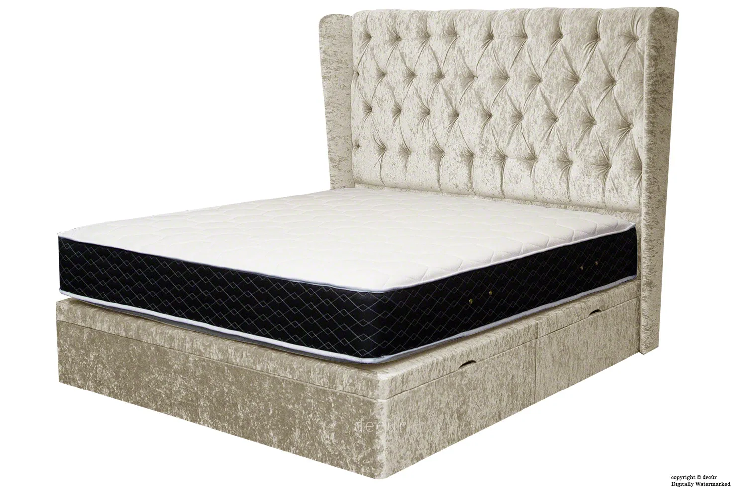 Elizabeth Winged Buttoned Crushed Velvet Bed - Pearl