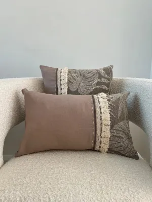 Handmade Decorative Light Brown Leaves  Fringe Cushion Set