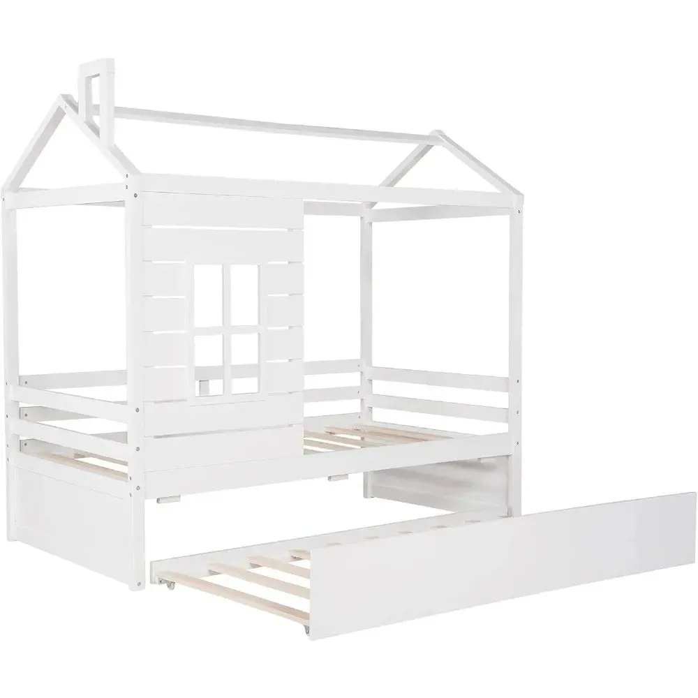 House Bed with Trundle, Window and Roof, Wood Bunk Bed Daybed Can be Decorated for Girls, Boys