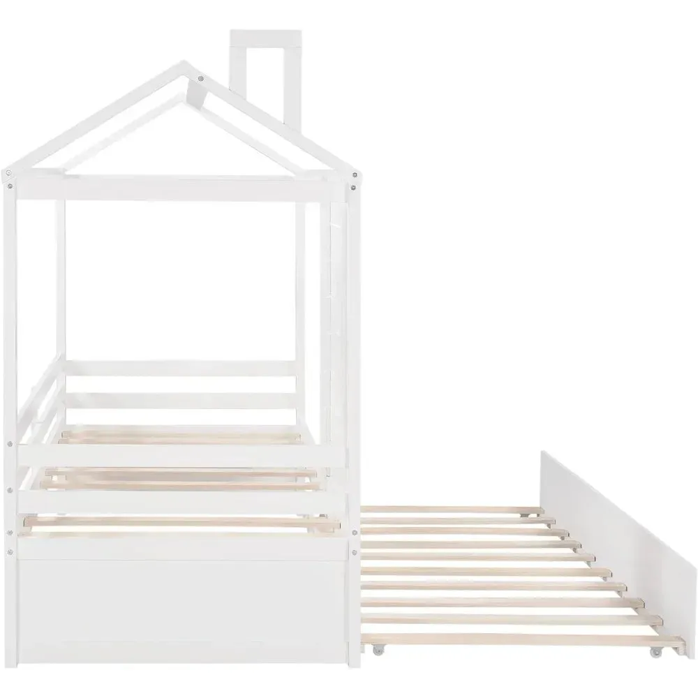 House Bed with Trundle, Window and Roof, Wood Bunk Bed Daybed Can be Decorated for Girls, Boys