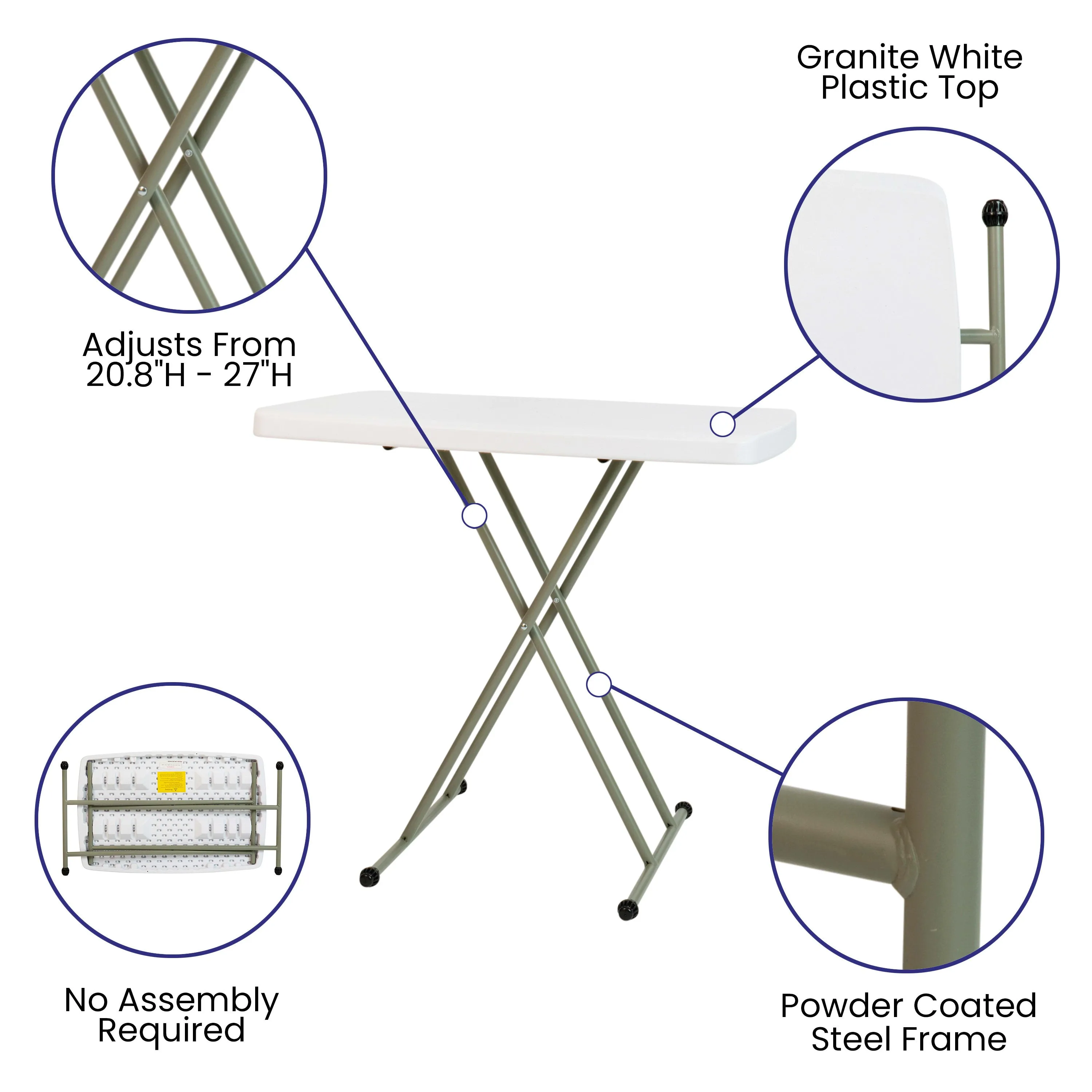 Indoor/Outdoor Plastic Folding Table, Adjustable Height Commercial Grade Side Table, Laptop Table, TV Tray