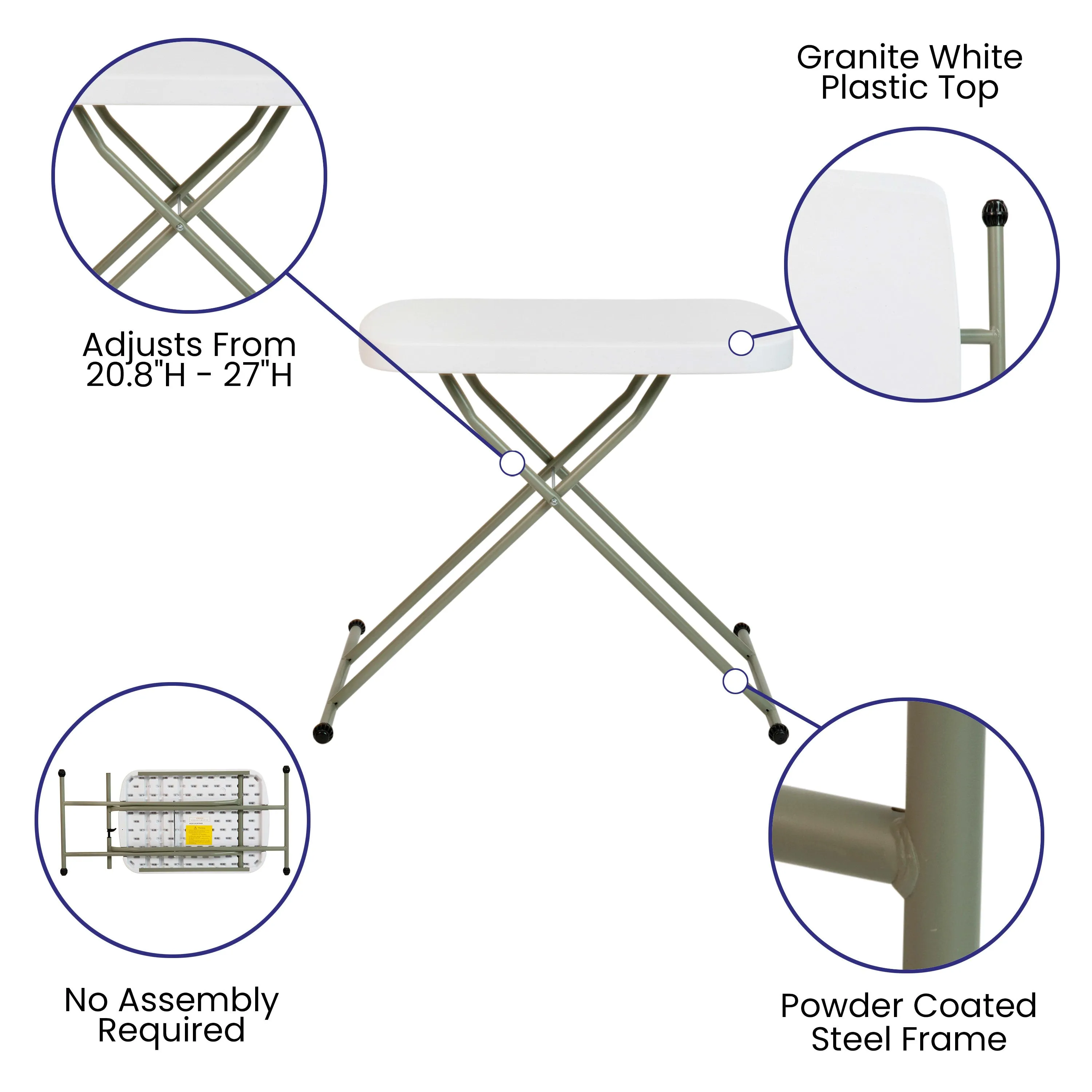 Indoor/Outdoor Plastic Folding Table, Adjustable Height Commercial Grade Side Table, Laptop Table, TV Tray