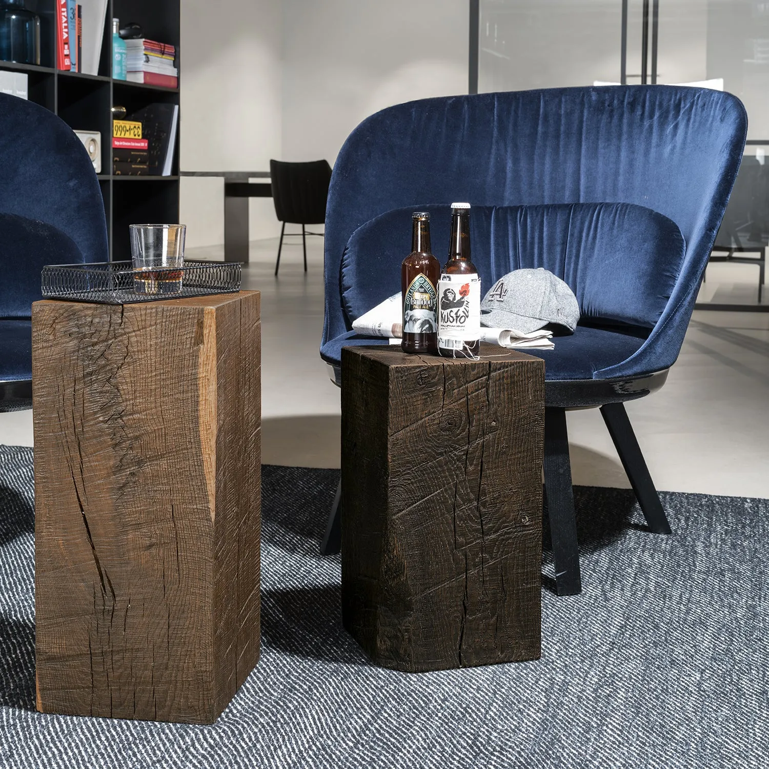 janua | sk 02 cube side table / stool | charred washed oak   gold tone