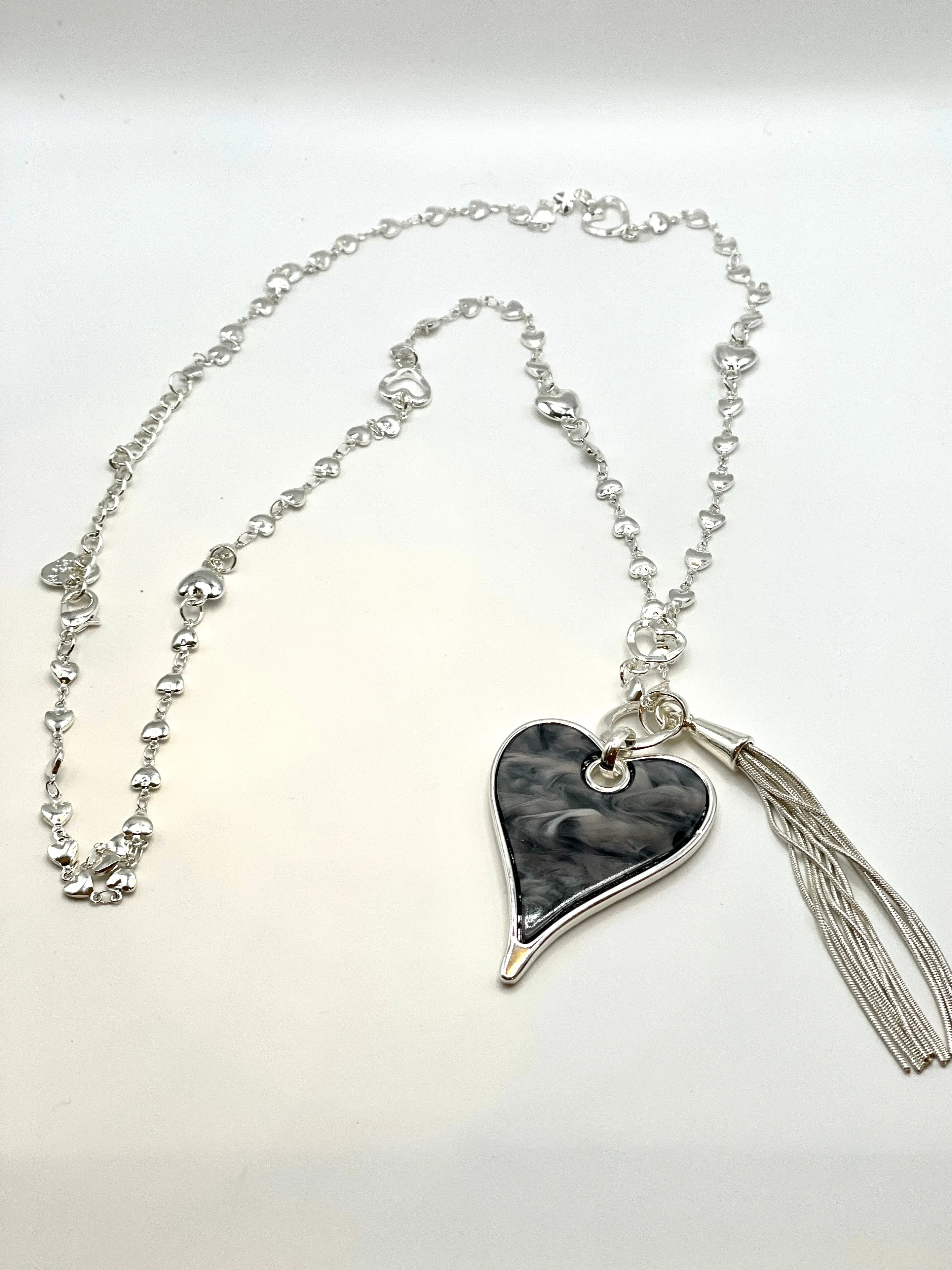 Long Silver Marble Effect Flat Heart With Tassel