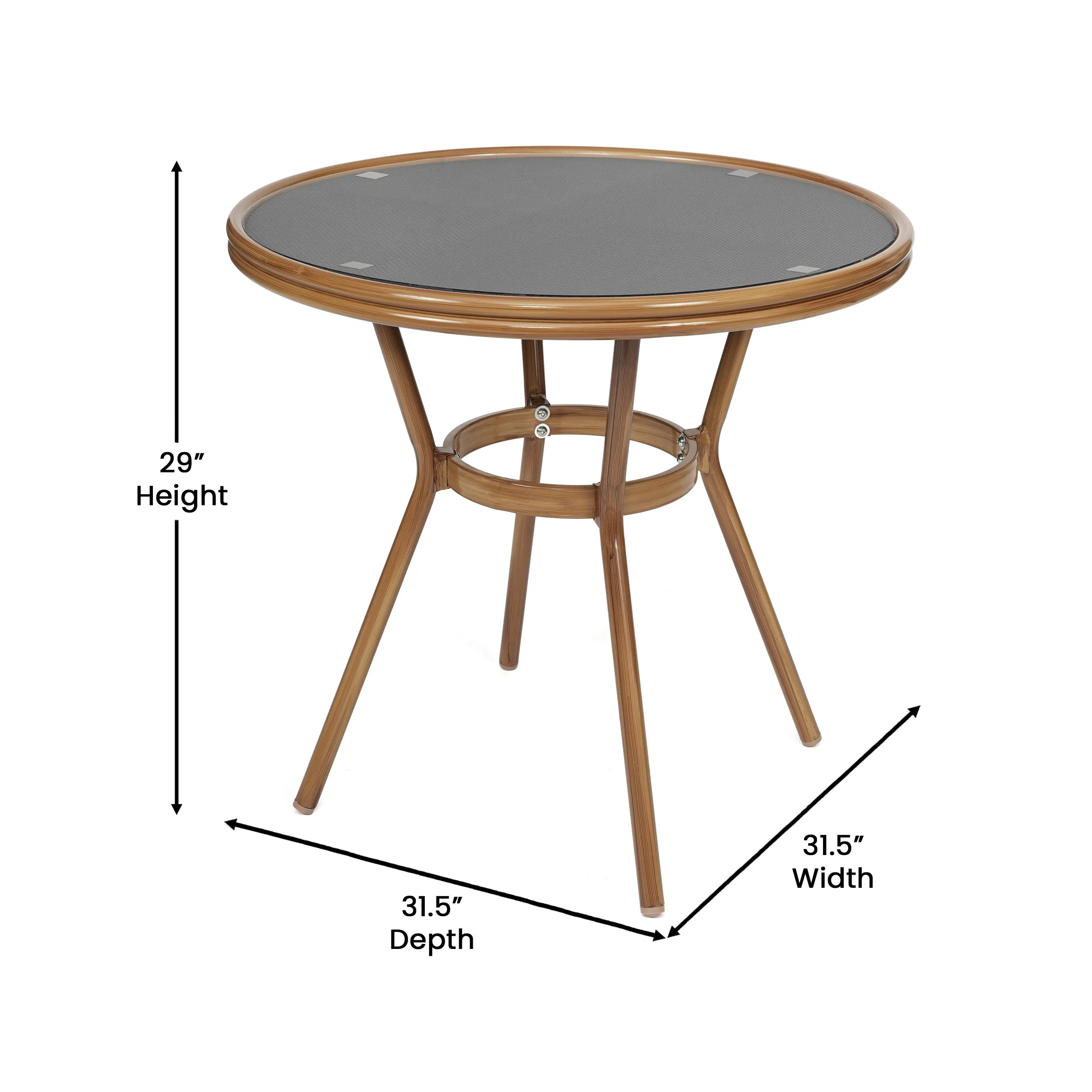 Marseille Indoor/Outdoor Commercial Bistro 31.5" Table, Textilene, Glass Top, Bamboo Print Aluminum Frame