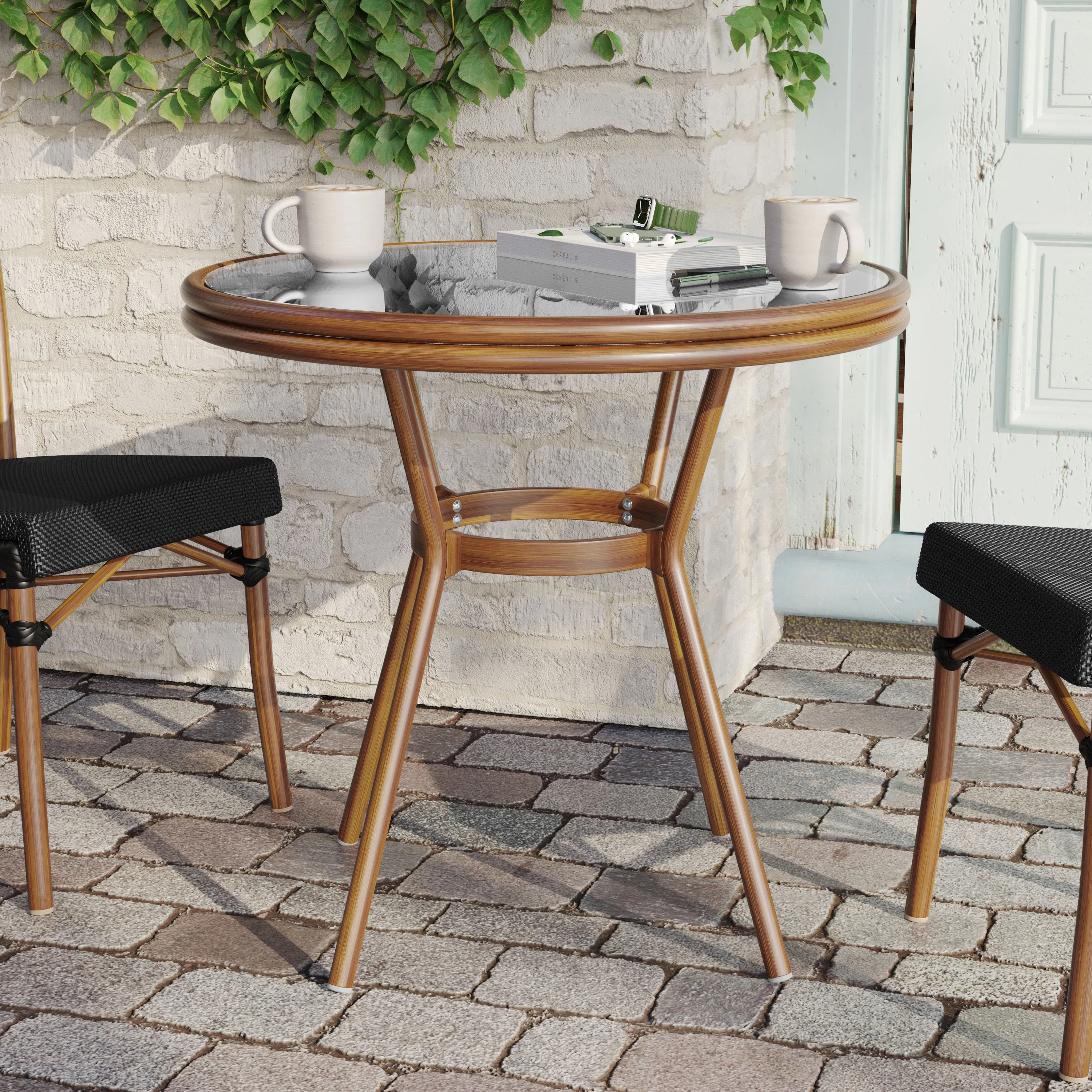 Marseille Indoor/Outdoor Commercial Bistro 31.5" Table, Textilene, Glass Top, Bamboo Print Aluminum Frame