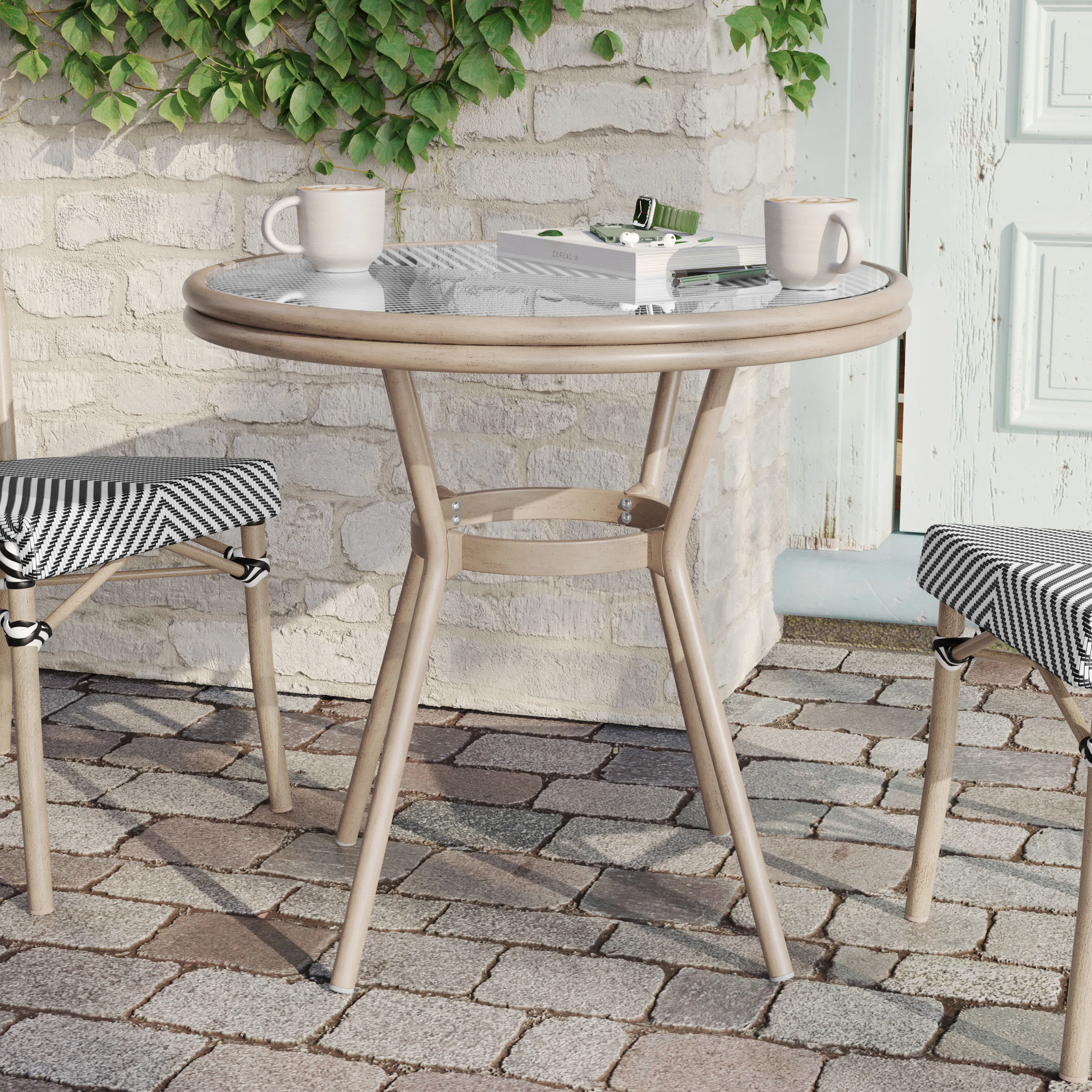 Marseille Indoor/Outdoor Commercial Bistro 31.5" Table, Textilene, Glass Top, Bamboo Print Aluminum Frame
