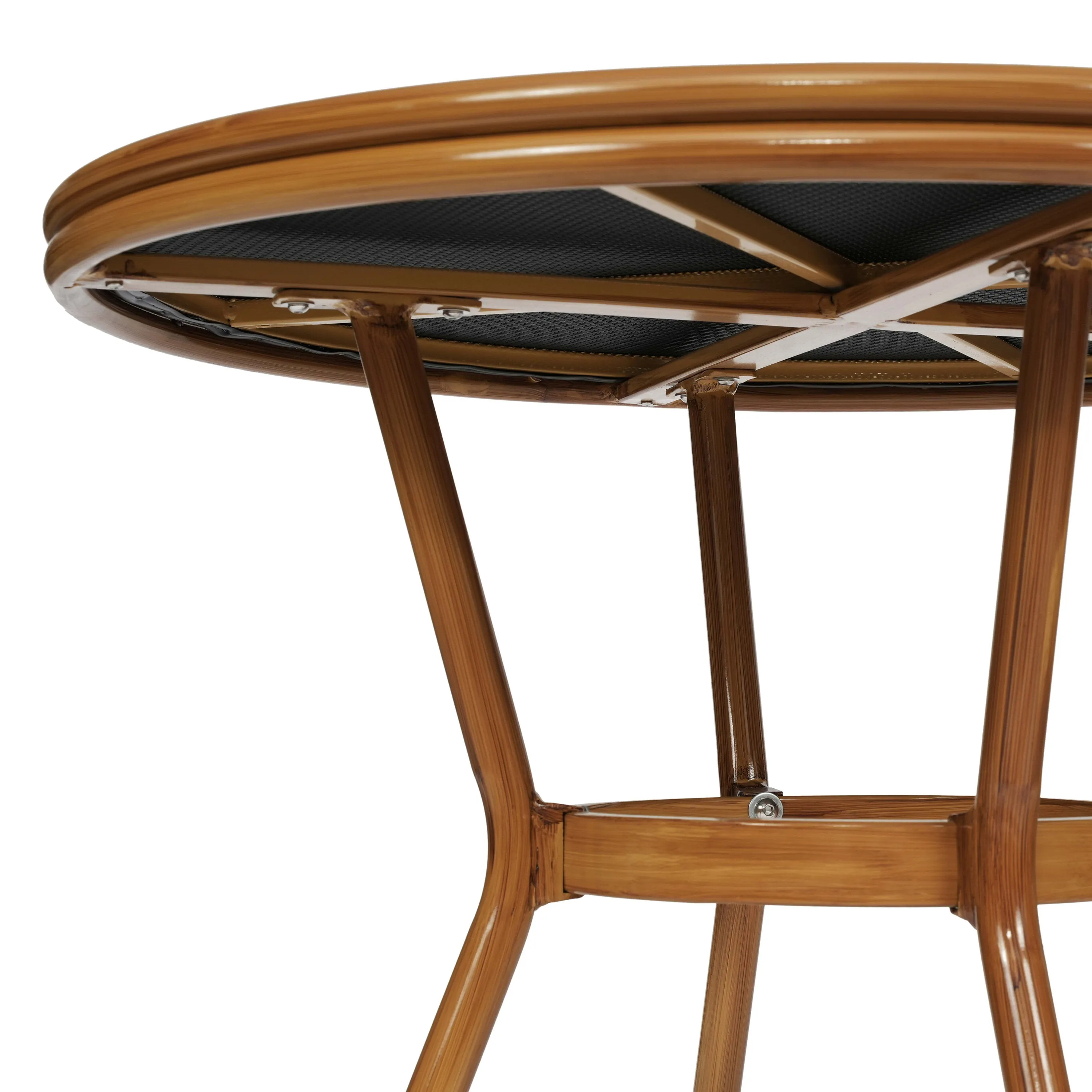 Marseille Indoor/Outdoor Commercial Bistro 31.5" Table, Textilene, Glass Top, Bamboo Print Aluminum Frame