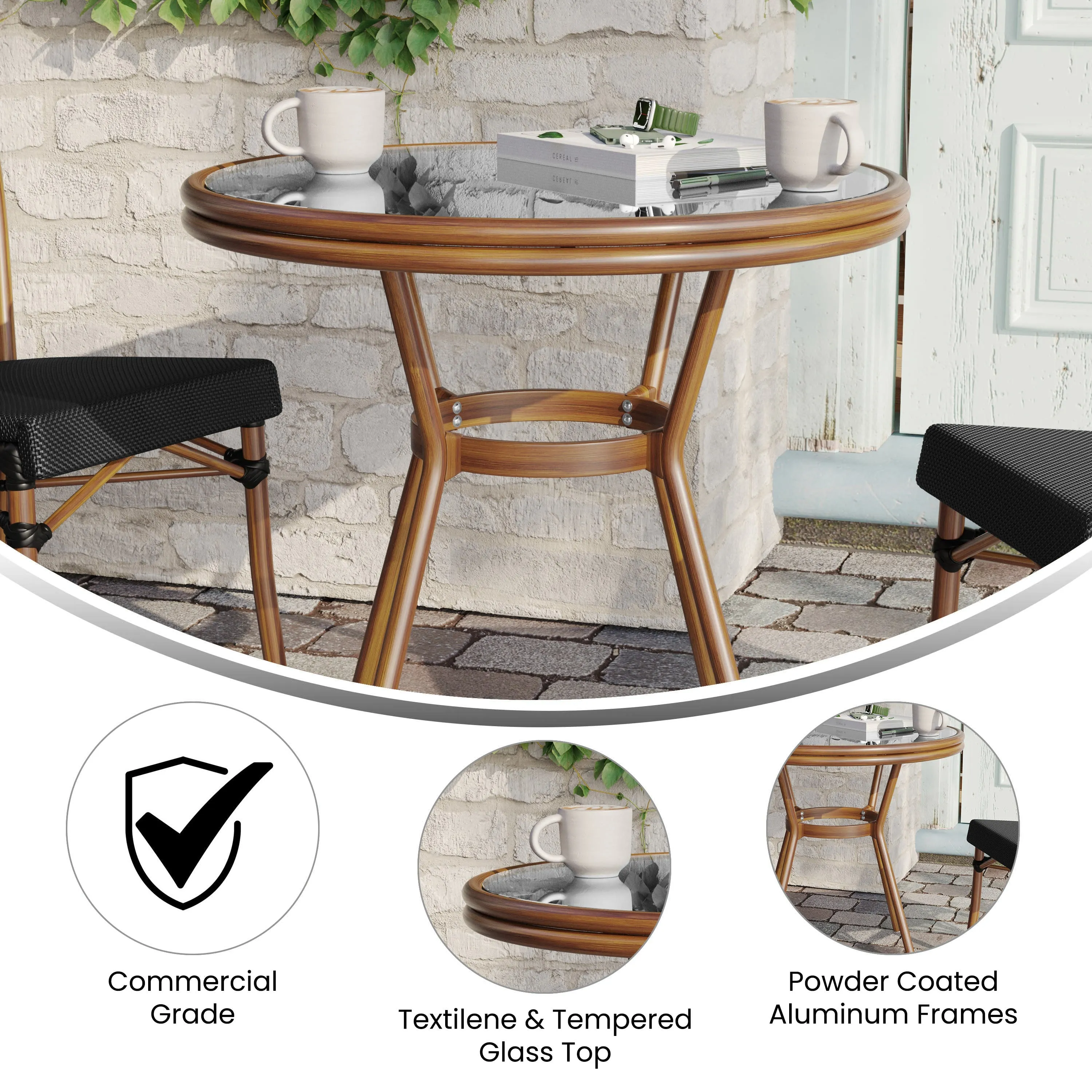 Marseille Indoor/Outdoor Commercial Bistro 31.5" Table, Textilene, Glass Top, Bamboo Print Aluminum Frame