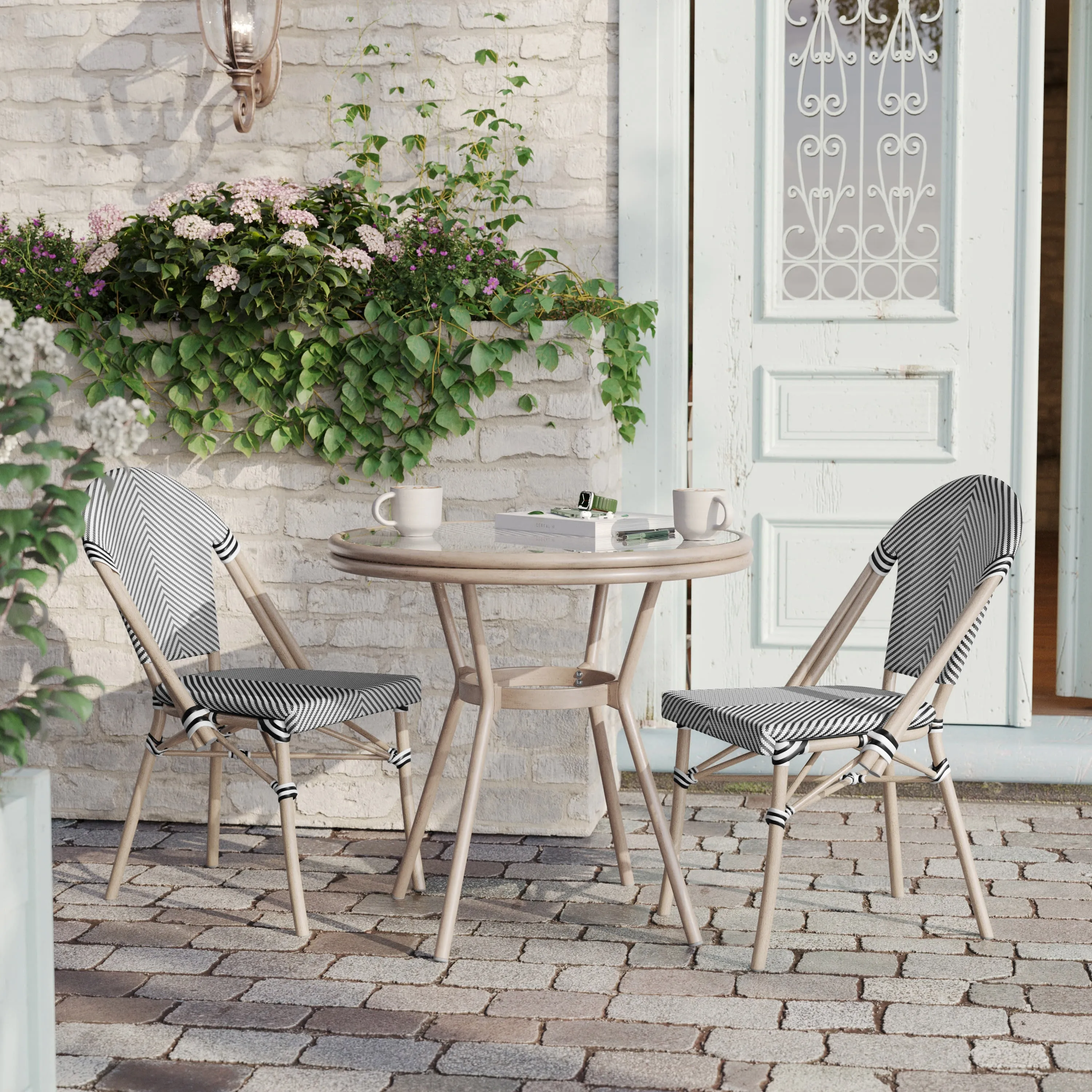 Marseille Indoor/Outdoor Commercial Bistro 31.5" Table, Textilene, Glass Top, Bamboo Print Aluminum Frame