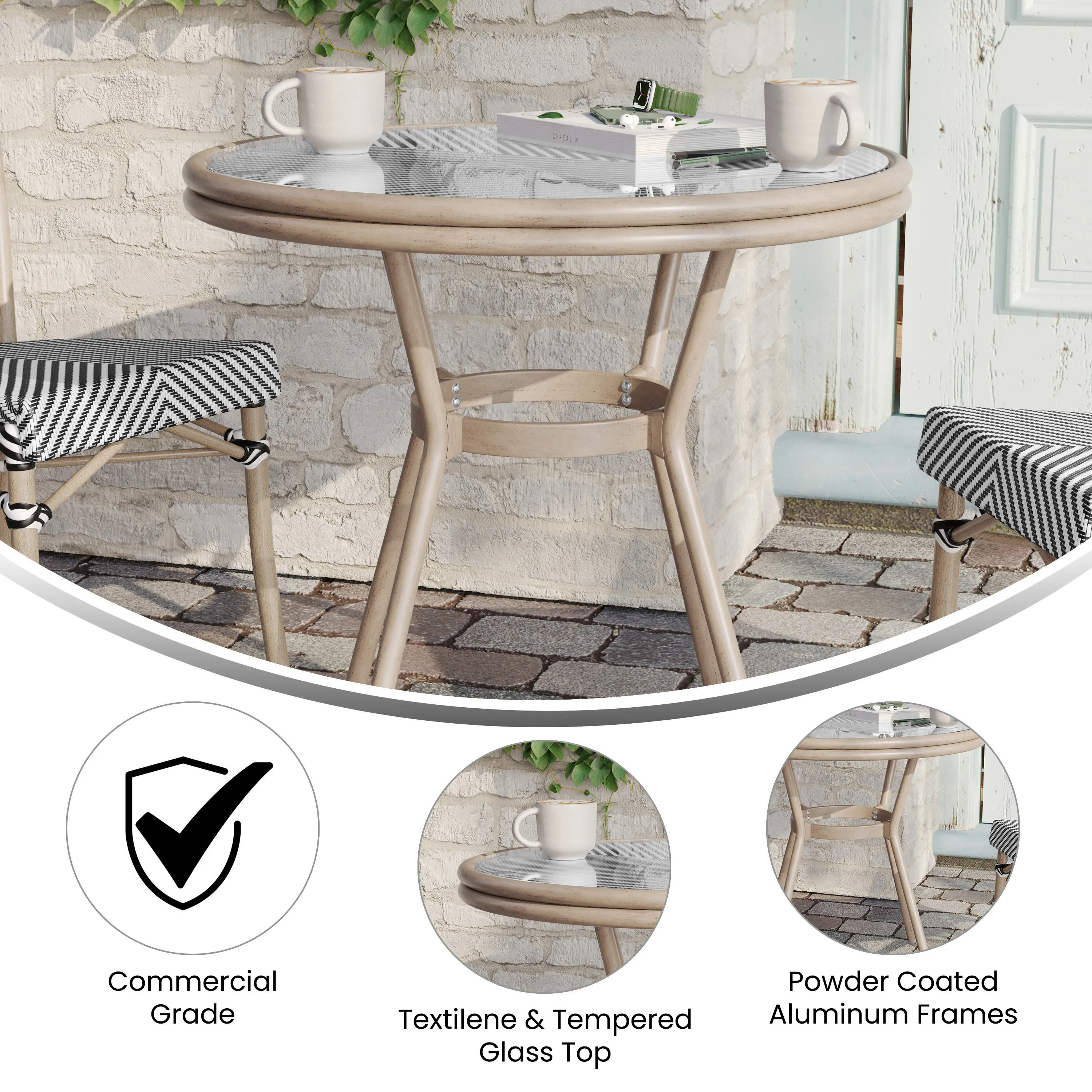 Marseille Indoor/Outdoor Commercial Bistro 31.5" Table, Textilene, Glass Top, Bamboo Print Aluminum Frame