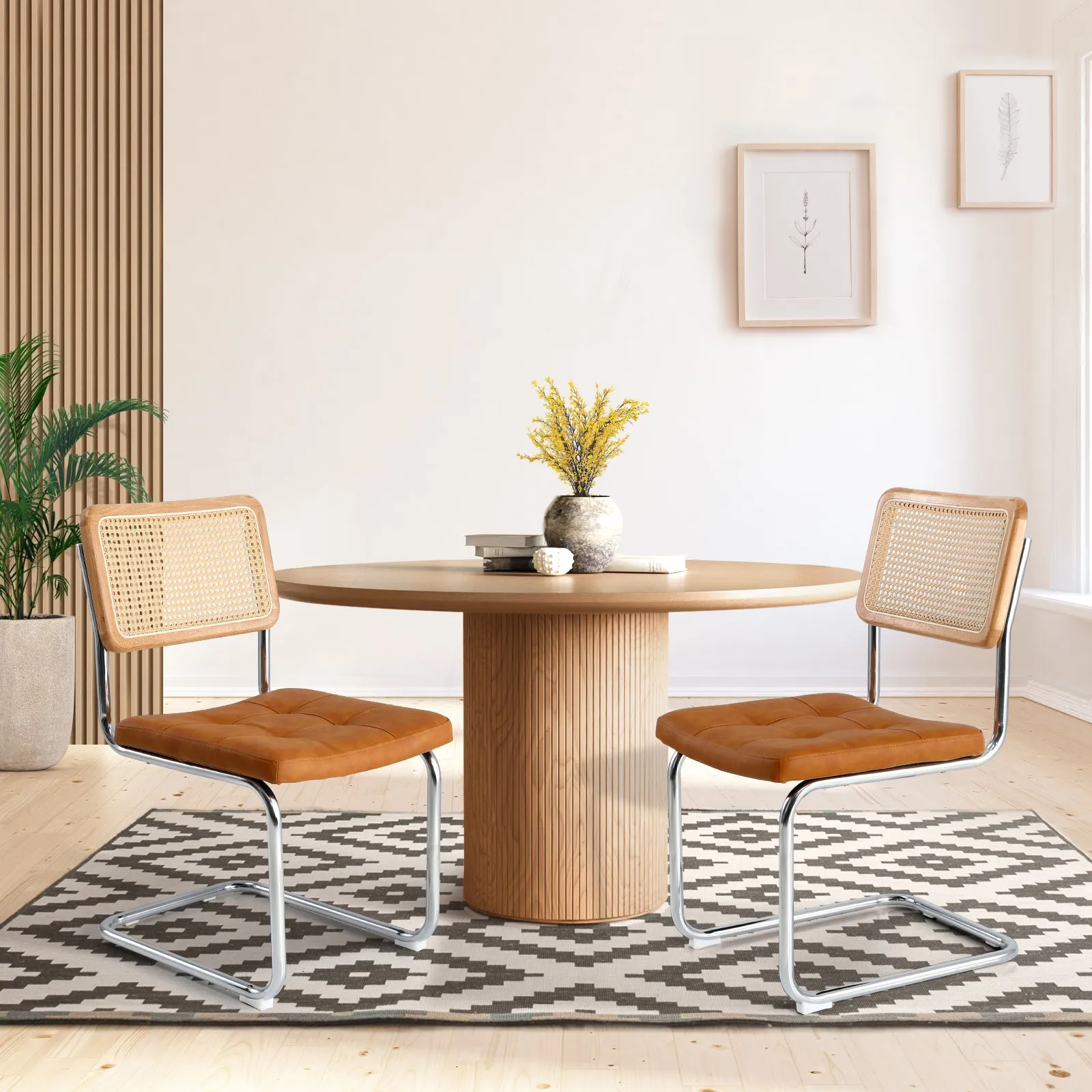 Oikiture 2x Rattan Dining Chair Cesca Replica Cantilever PU Leather Padded Brown