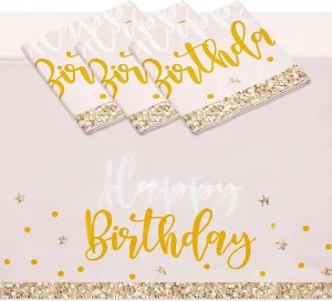 Pink and Gold Plastic Party Tablecloth, Happy Birthday (54x108 In, 3 Pack)