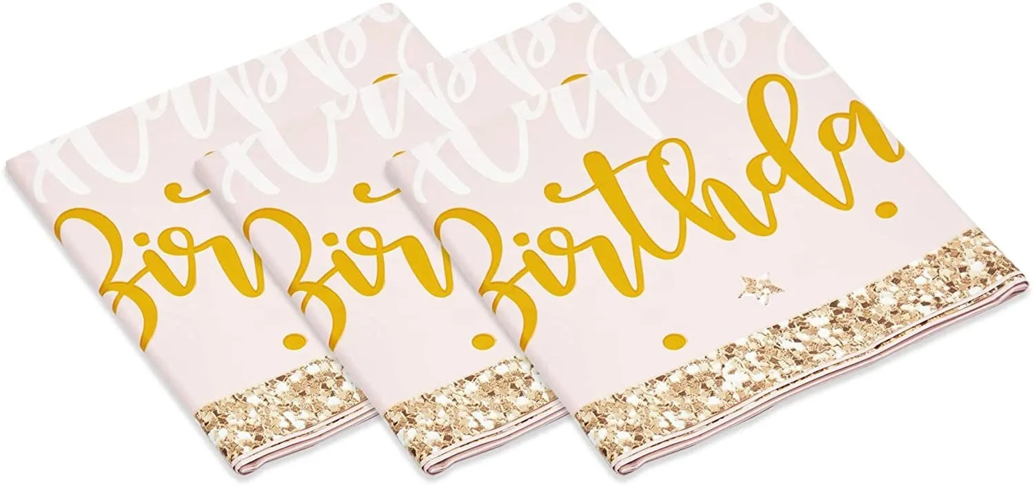 Pink and Gold Plastic Party Tablecloth, Happy Birthday (54x108 In, 3 Pack)