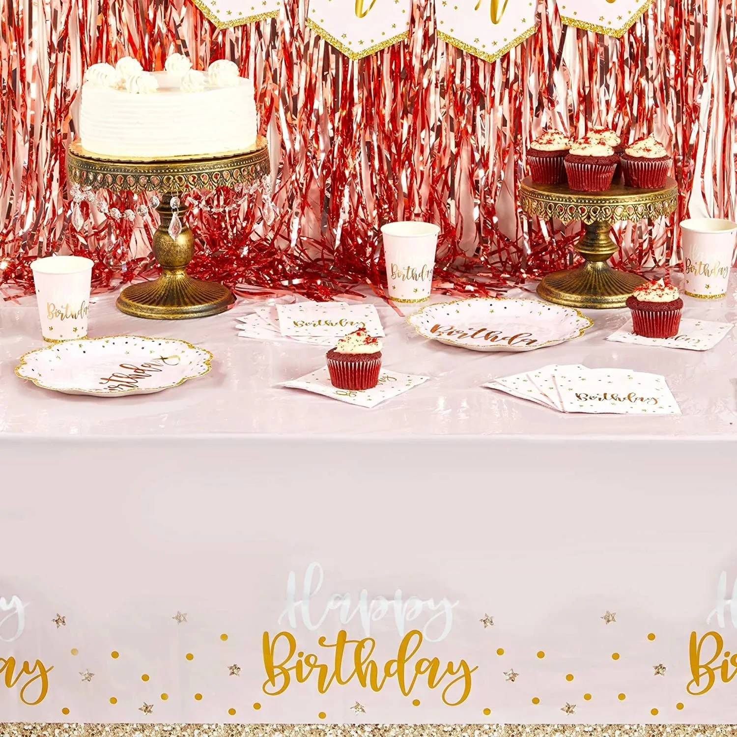 Pink and Gold Plastic Party Tablecloth, Happy Birthday (54x108 In, 3 Pack)