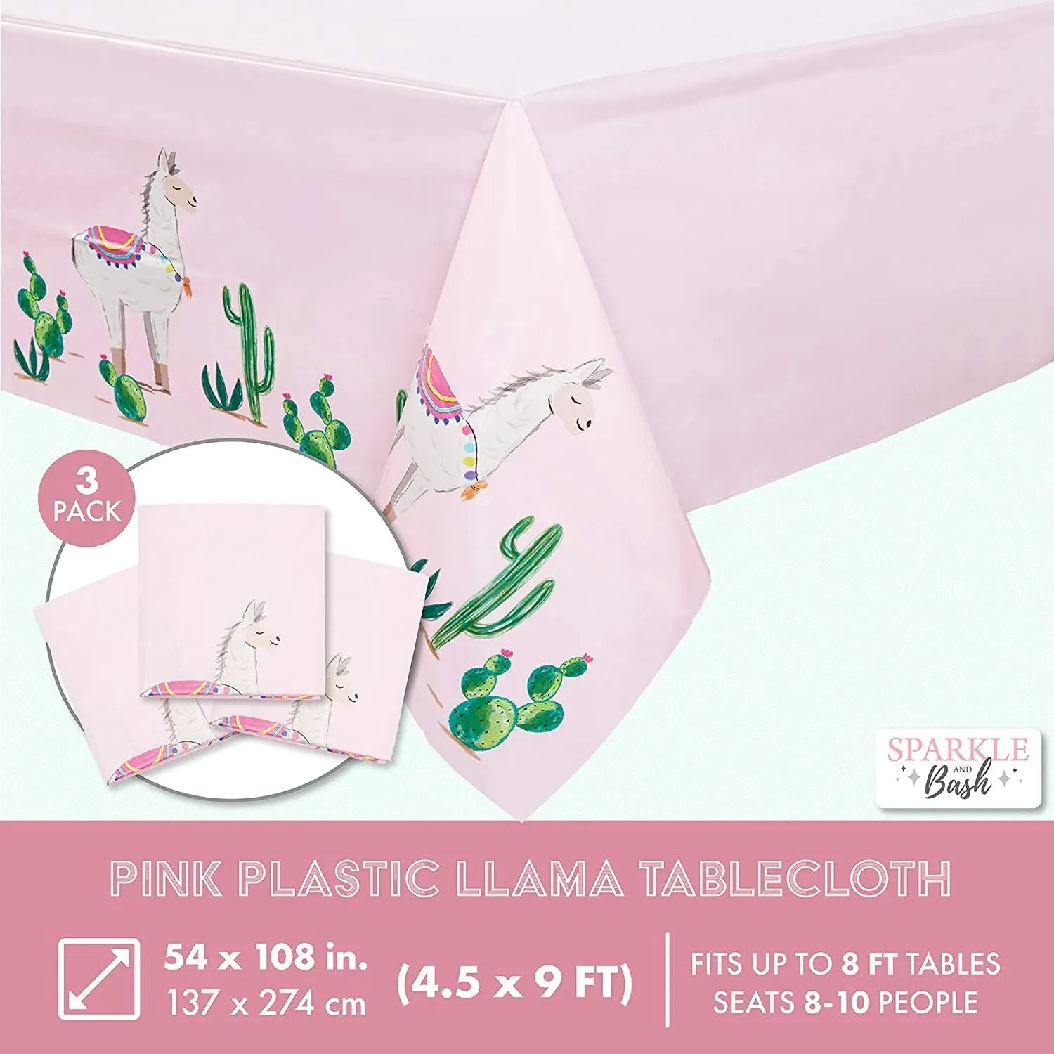 Pink Plastic Tablecloth for Llama Birthday Party (54 x 108 in, 3 Pack)